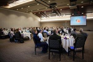 Professor Jeanne Buckeye speaks at the Catholic Studies Higher Calling of the Entrepreneur Series in Woulfe Alumni Hall on Tuesday, April 14, 2015.